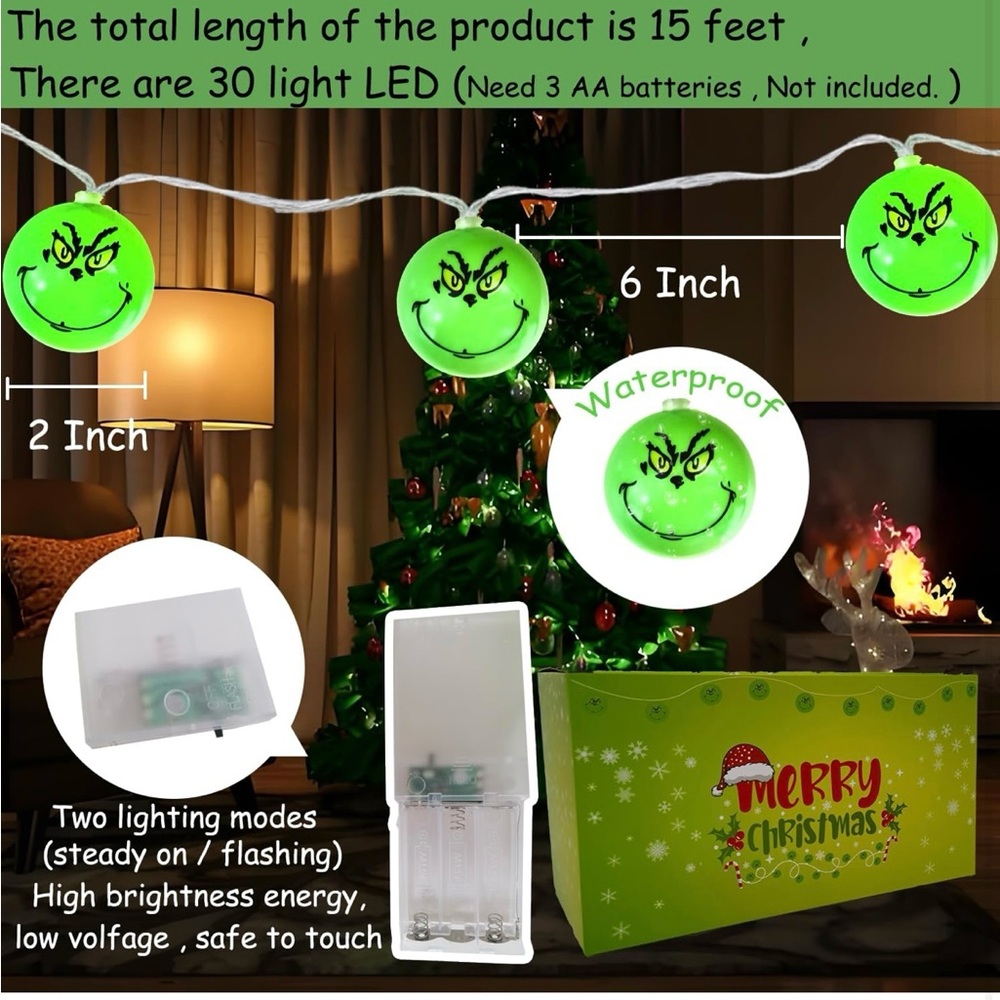 Green Grinch String Lights - Picture 2 of 5